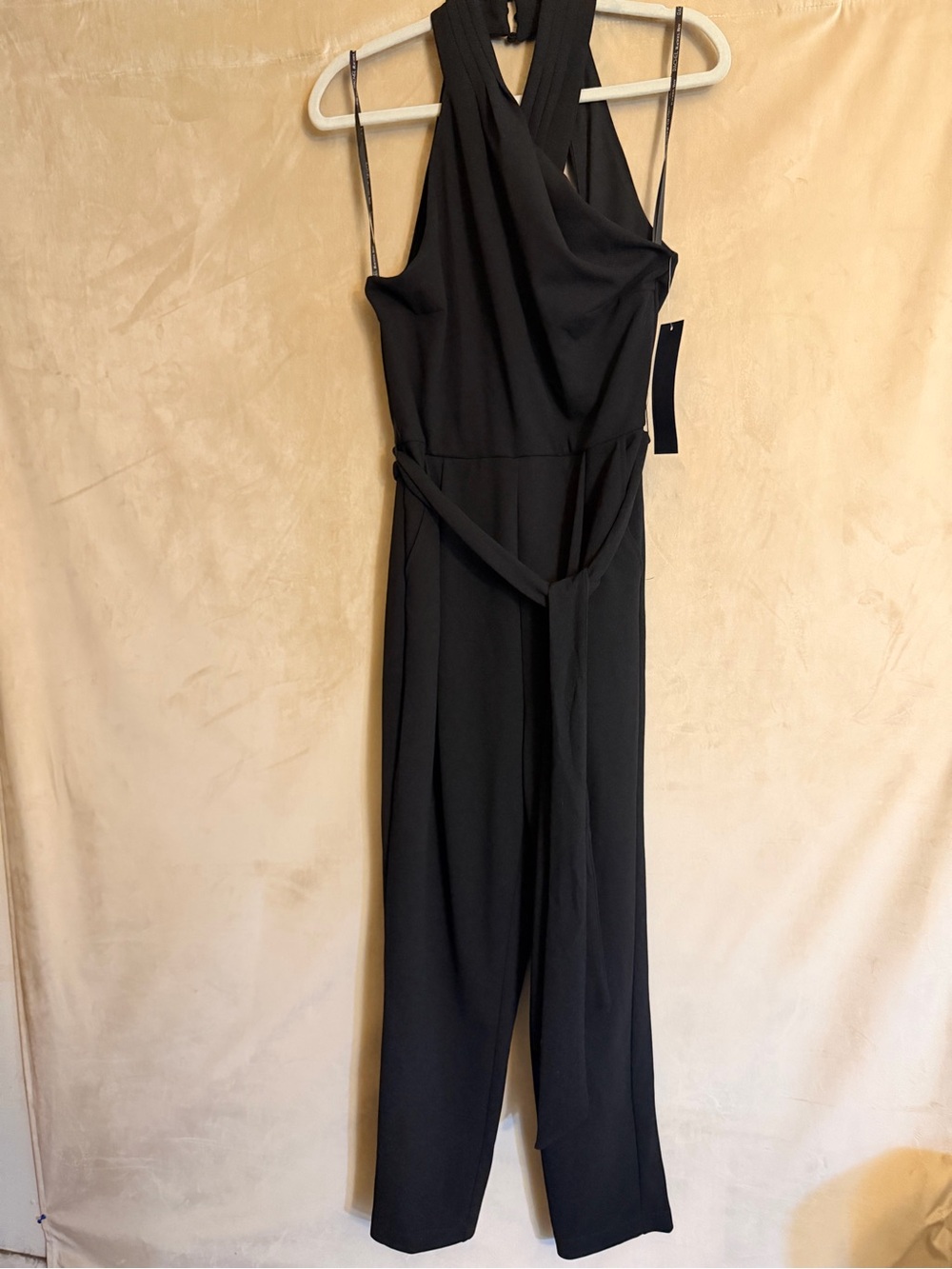 RACHEL Rachel Roy Black Halter Cross-Front Jumpsuit with Waist Tie